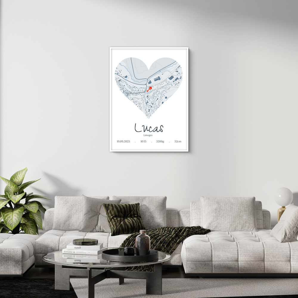Affiche avec carte en cœur et données de naissance, cadre blanc au-dessus du canapé, cadeau pour jeunes parents
