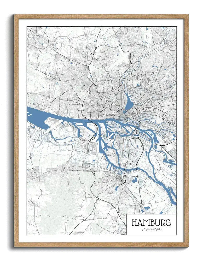 Poster con mappa di Amburgo in stile architettonico, Elba azzurro e cornice in legno naturale