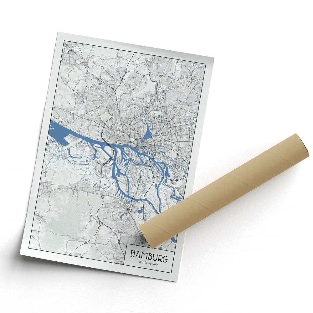 Poster della mappa di Amburgo in stile architettonico, senza cornice, accanto a un tubo da spedizione