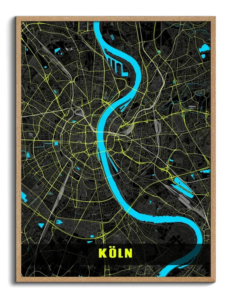 Mappa di Colonia in cornice di legno naturale, con Reno turchese e strade giallo neon su fondo nero