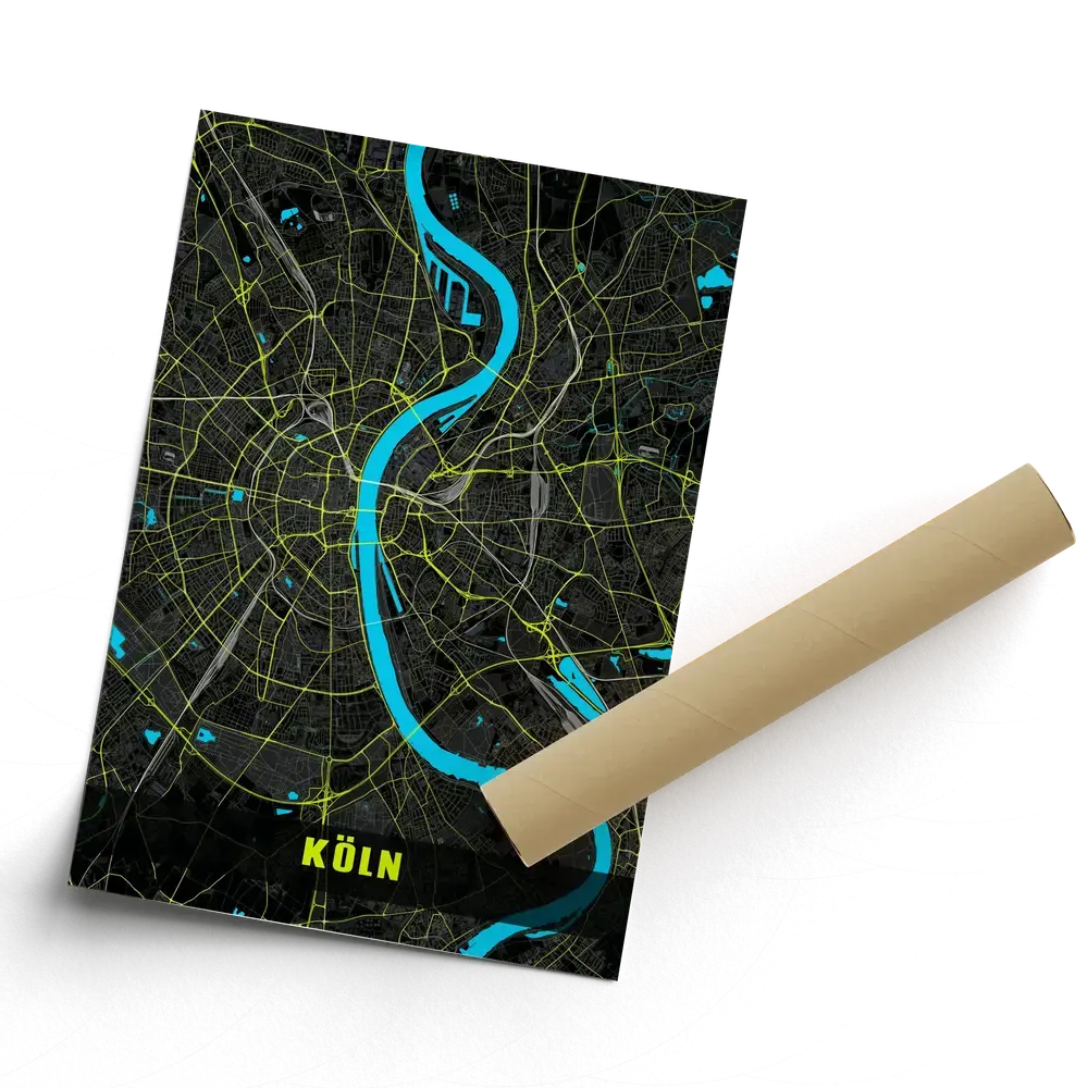 Poster senza cornice con mappa di Colonia in colori neon su fondo scuro, inclinato e con un angolo arrotolato