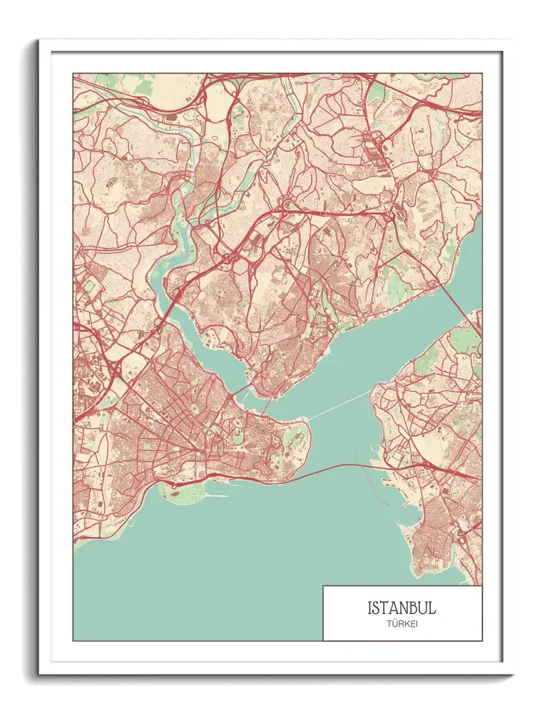 Poster con mappa di Istanbul, strade rosse e acqua verde menta, in cornice bianca