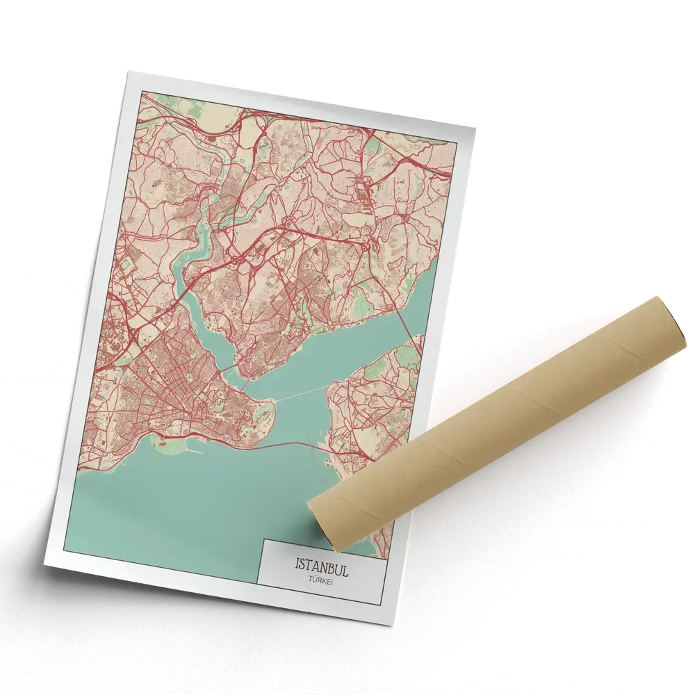 Poster della mappa di Istanbul senza cornice, in stile tecnico, disposto in diagonale accanto a un rotolo