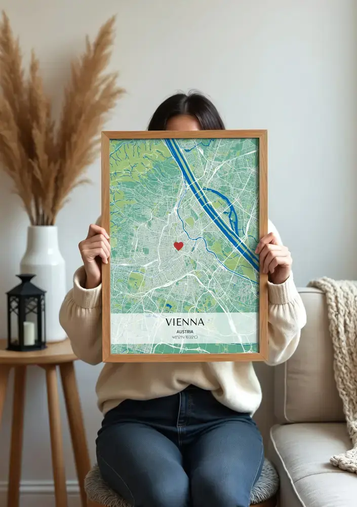 Poster con mappa della città personalizzata in verde e blu, con un cuore e cornice in legno naturale, in salotto