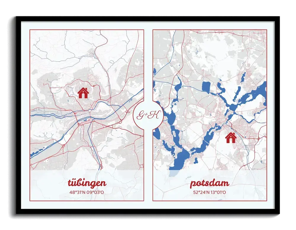 Poster personalizzato con mappe di due città, casette rosse e iniziali, in cornice nera