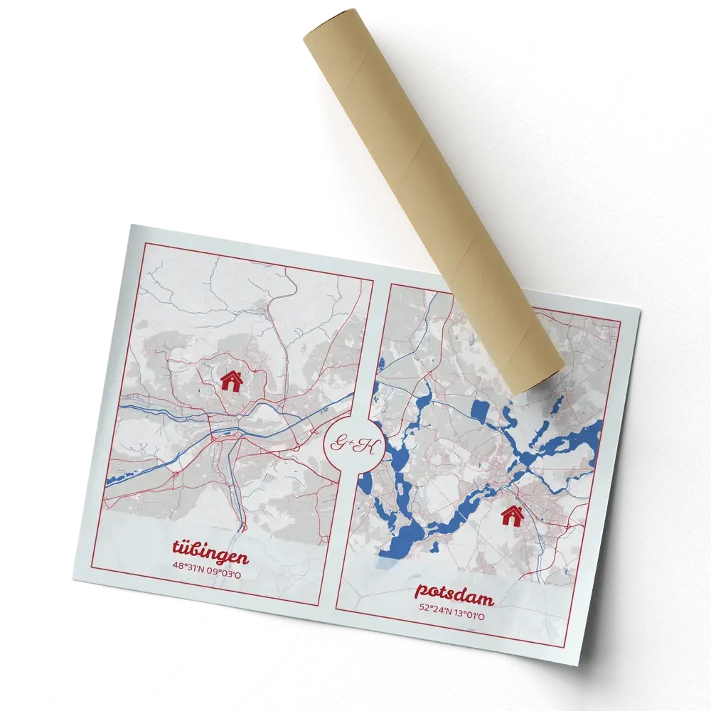 Poster senza cornice con mappe di due città, casette rosse e corsi d’acqua blu, accanto a un tubo da spedizione