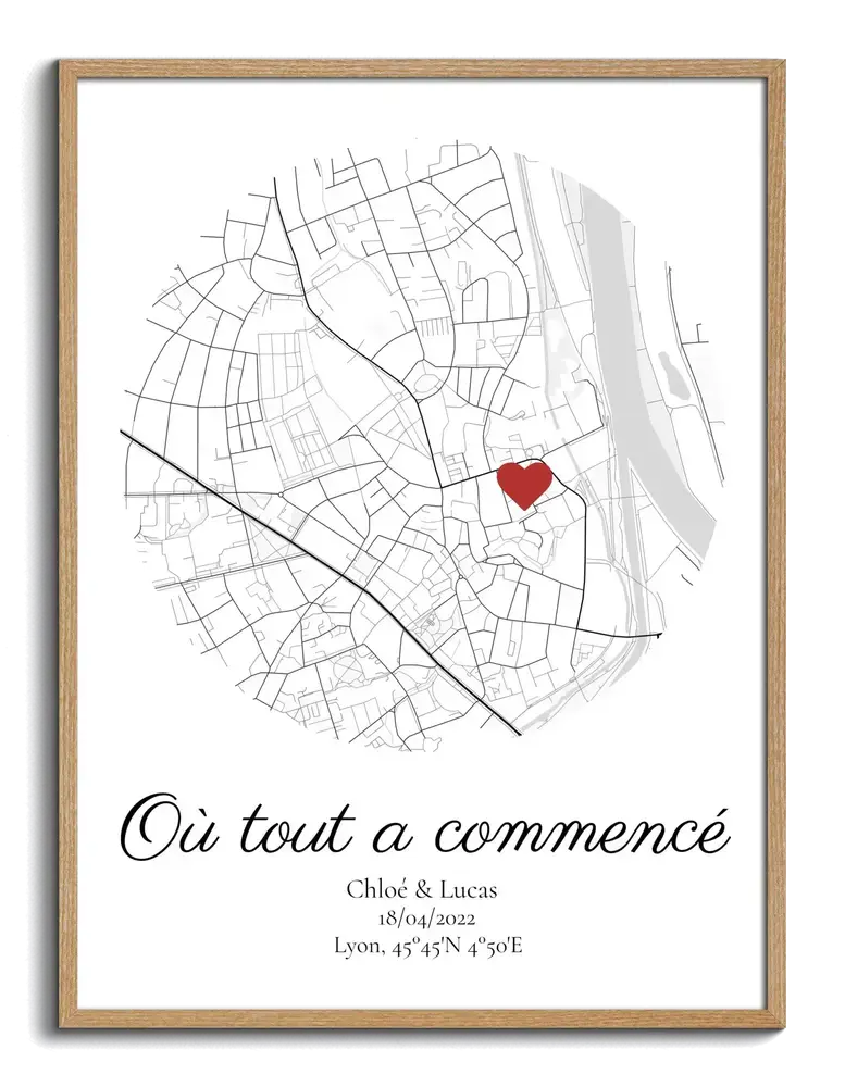 Affiche de ville en cercle avec cœur rouge et prénoms, encadrée en bois, cadeau pour un anniversaire de rencontre