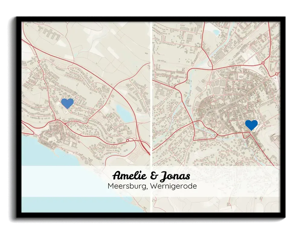 Due mappe di città con cuori blu in cornice nera, un regalo personalizzato per la coppia