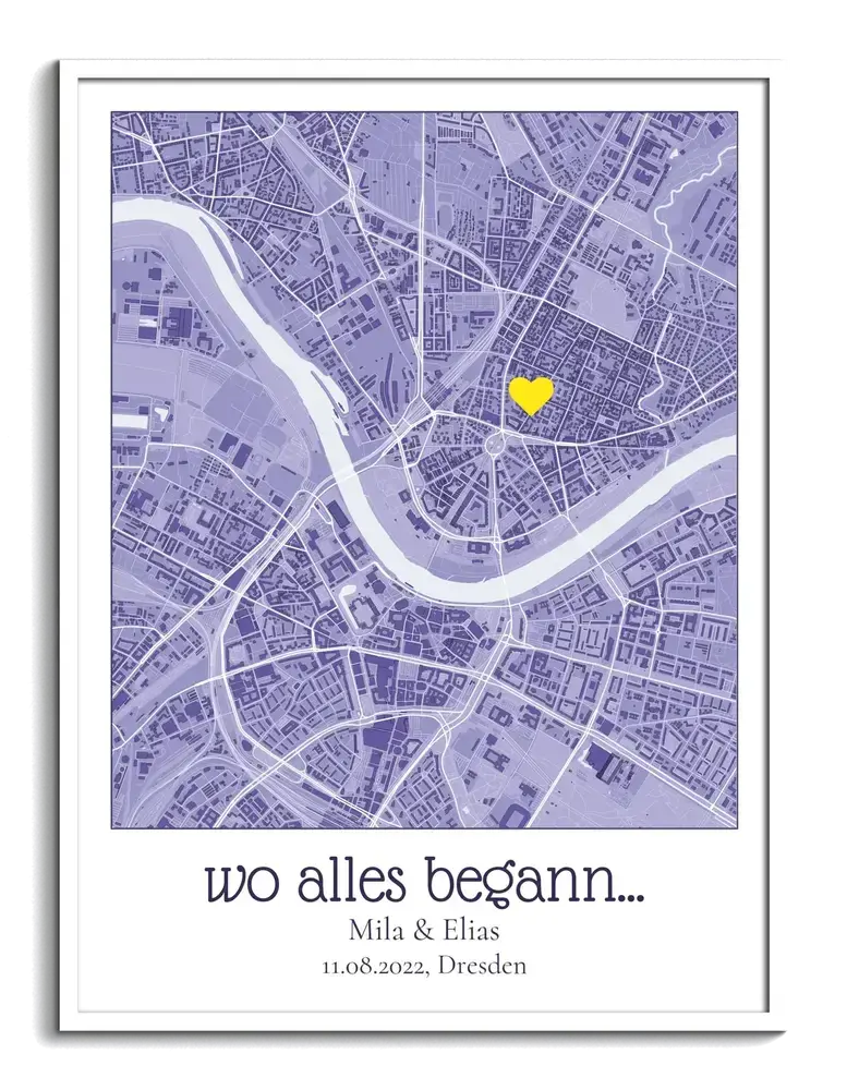Personalisierte Stadtkarte in Lila mit gelbem Herz im weissen Rahmen als Geschenk zum Jahrestag