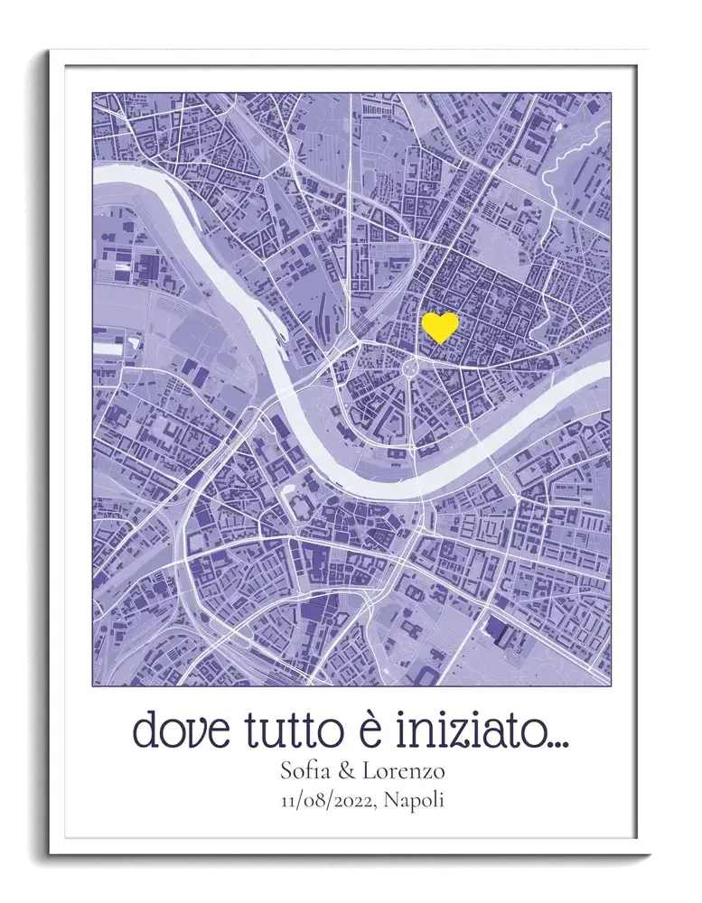 Mappa lilla con cuore giallo e nomi in cornice bianca, un regalo personalizzato per San Valentino