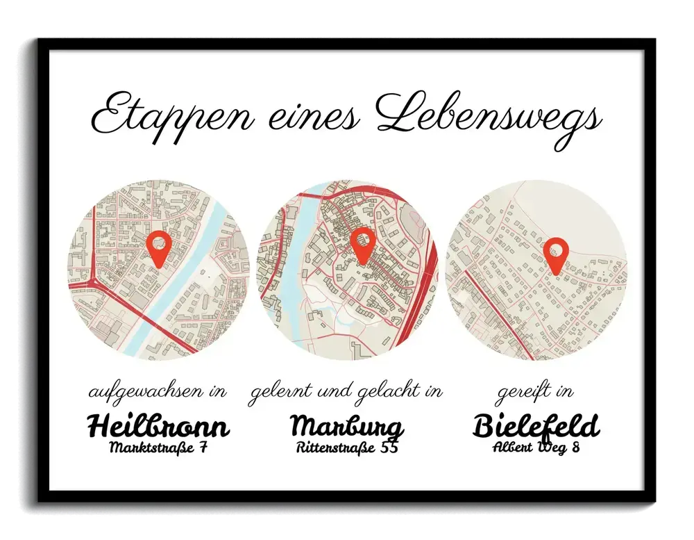 Lebensweg-Karte mit drei runden Stadtplänen im schwarzen Rahmen als persönliches Geschenk zum Jahrestag