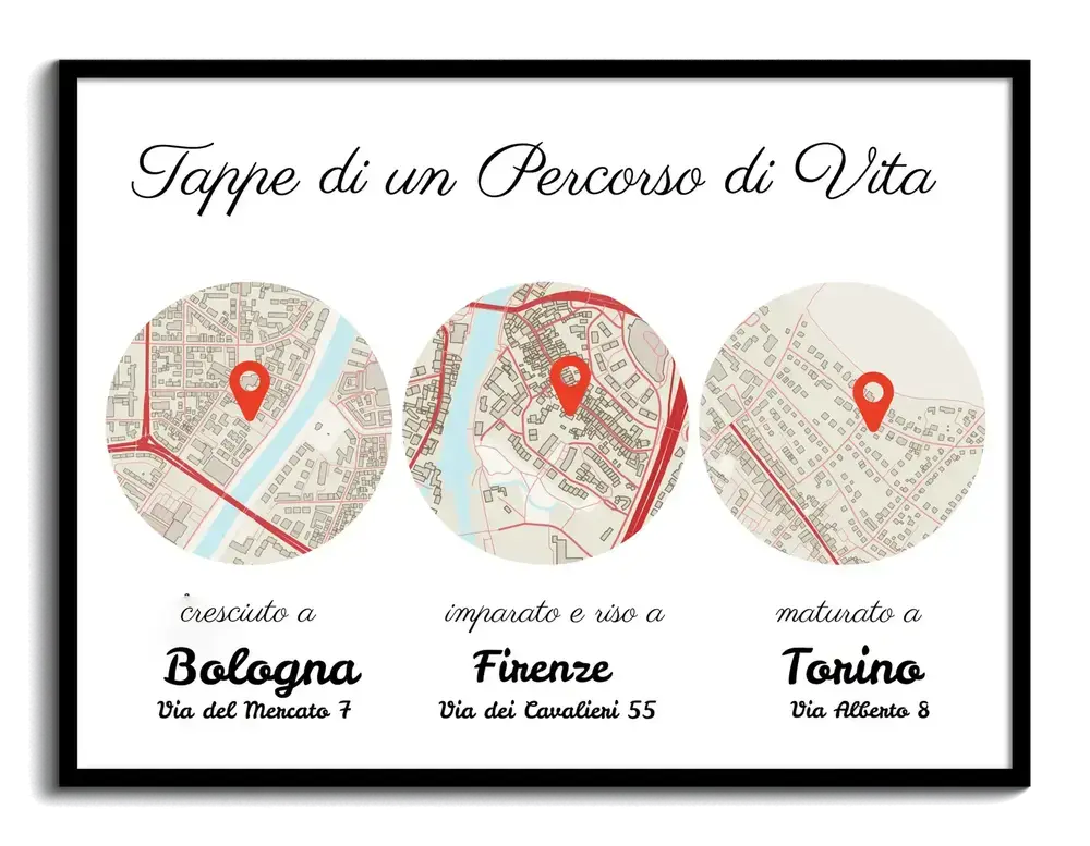 Stampa personalizzata con tre mappe circolari in cornice nera, regalo per l'anniversario di coppia