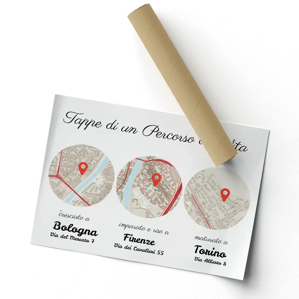 Poster con tre mappe circolari, segnaposto rossi e testi personalizzati sulle tappe della vita, accanto a un tubo