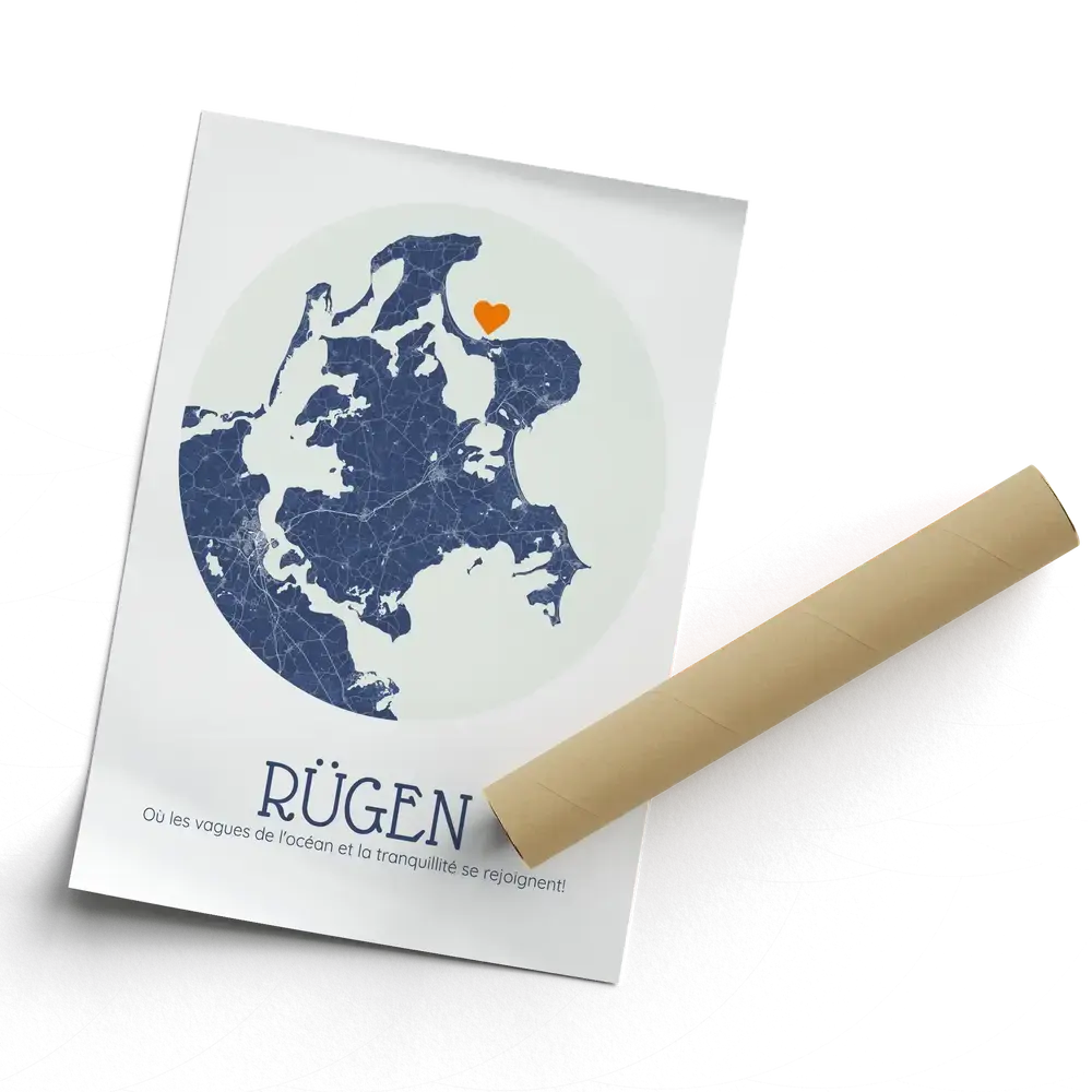 Affiche de Rügen avec carte ronde bleue, présentée avec un tube, un cadeau souvenir de vacances en famille