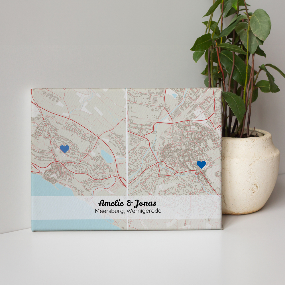 Dettaglio di una tela con due mappe di città, cuori blu e nomi personalizzati accanto a una pianta in vaso