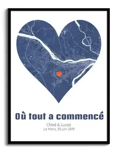Carte de ville personnalisée en cœur "Là où tout a commencé" - Cadeau pour couples