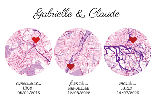 Carte de ville personnalisée rose: "Amour, Fiançailles, Mariage"